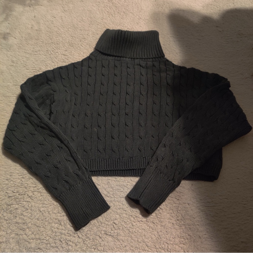 Altar'd State Black Cable Knit Turtleneck Sweater Cropped Long Sleeve